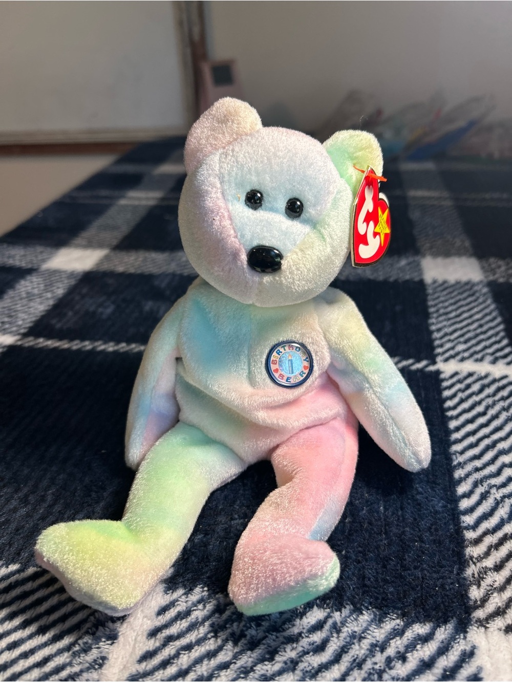 Ty Pastel Multicolor Beanie Baby Bear ‘B.B. Bear’ Plush with Embroidered Badge